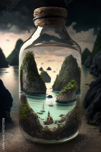 Landscape of the Ha Long Bay, Viet Nam inside a bottle. Miniature scenery with islands and boats