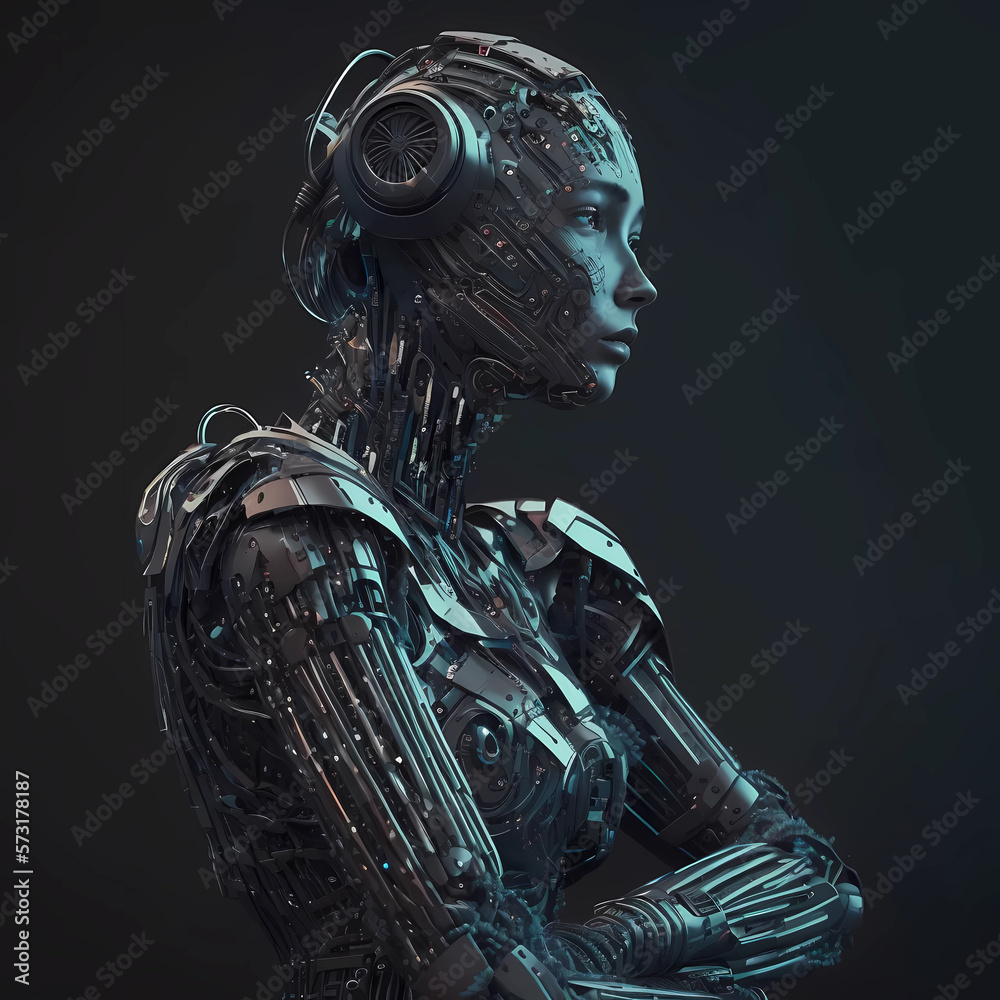 Synthetic humanoid robot, artificial intelligence. Portrait of gynoid