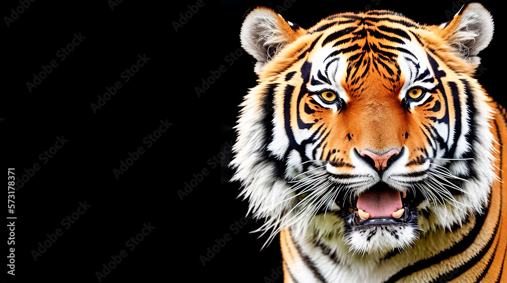 Portrait of tiger on black background. Menacing stare bengal tiger. Portrait bengal tiger on black background. Wild cats background. copy space. Generative AI