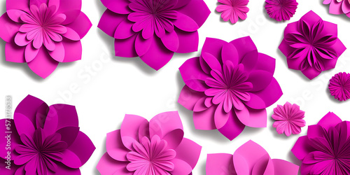 Floral trendy abstract background with paper flowers. Paper art flowers background. Colorful flower paper origami. Viva magenta. generative ai. copy space