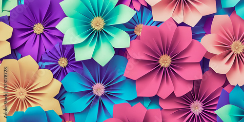 Floral trendy abstract background with paper flowers. Pastel bridal paper flowers  pattern  papercraft  candy pastel colors  bright hue palette. generative ai