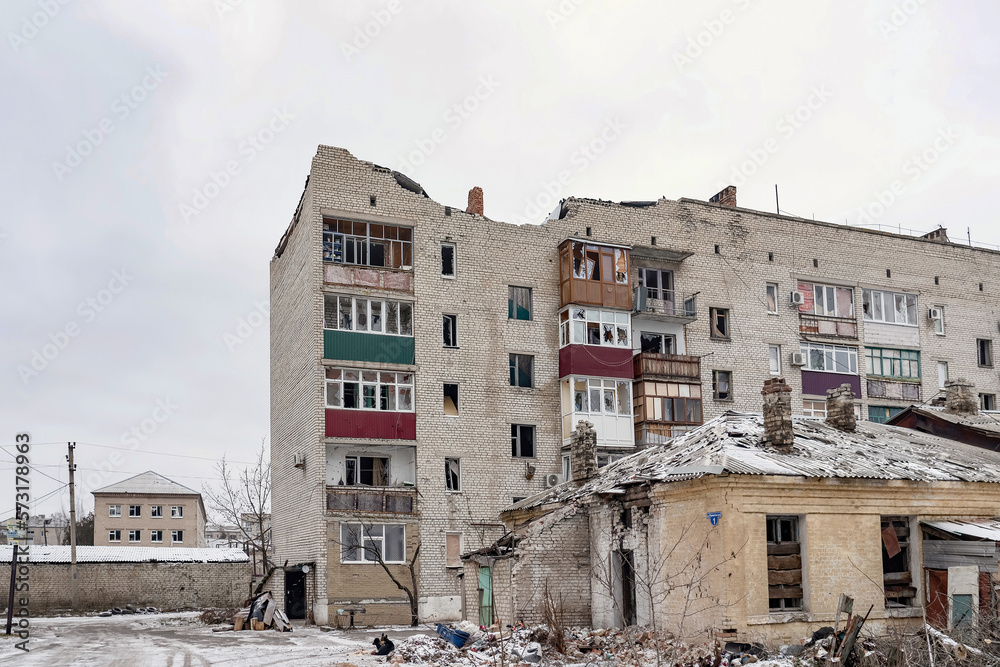 Fragments of destroyed buildings in Liman, damaged by Russian artillery shells.