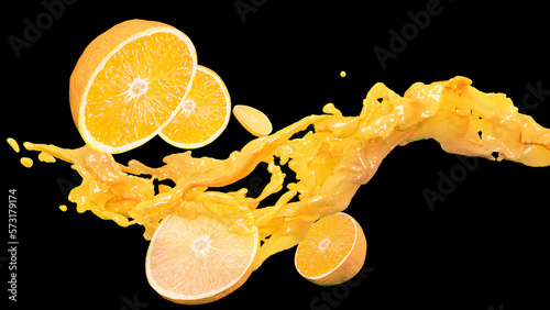 orange juice dispersion Jumping out of an orange fruit on a black background. 3D rendering.