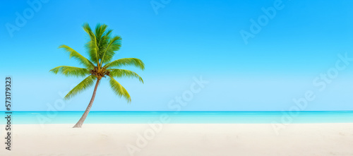 Beach holiday background. Beautiful beach with white sand, turquoise ocean water and blue sky with clouds in sunny day. Panoramic view. Generative AI background for summer vacation