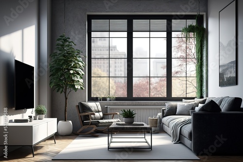 A living room filled with furniture and a plant
