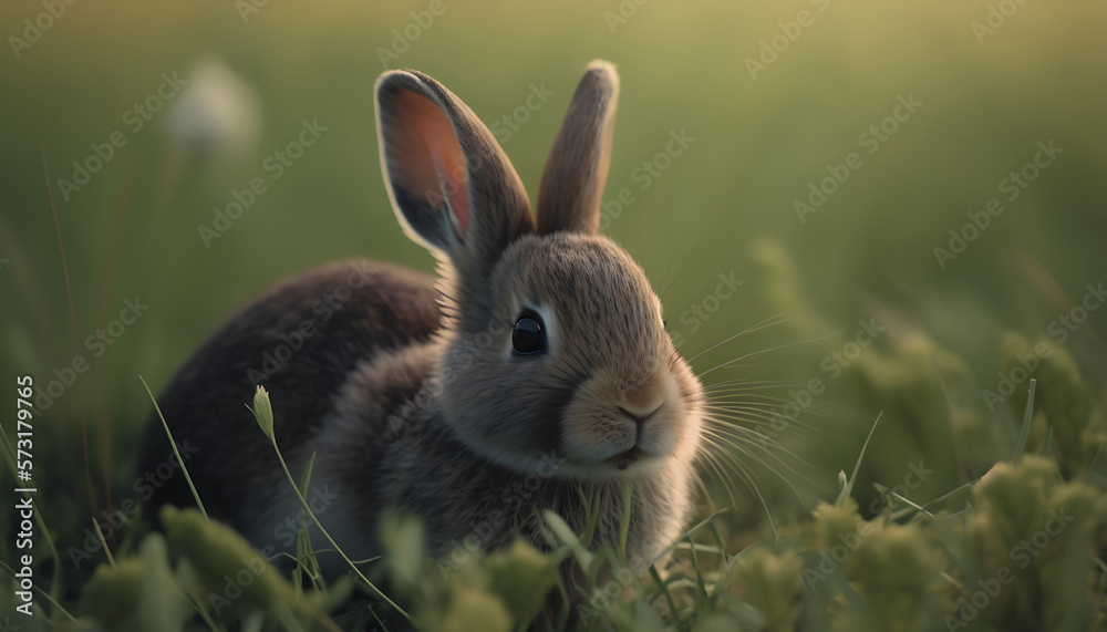 Fototapeta premium Baby bunny sitting in spring grass