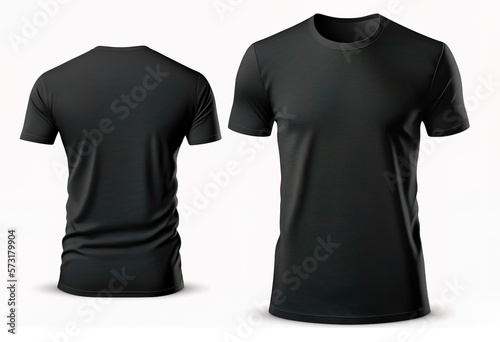 Black blank men T-shirt template with invisible model body, empty crewneck shirt front and back view