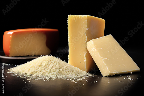 parmesan cheese on dark background. Grated parmesan cheese on black background, parmigiano, small bowl of ground traditional Italian hard cheese. Generative AI