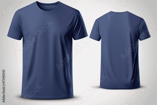 Dark blue blank men T-shirt template with invisible model body, empty crewneck shirt front and back view © Arisctur