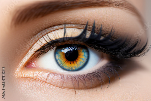 female eye close up. Human eye realistic beautiful closeup zoom. woman with modern makeup. Generative AI