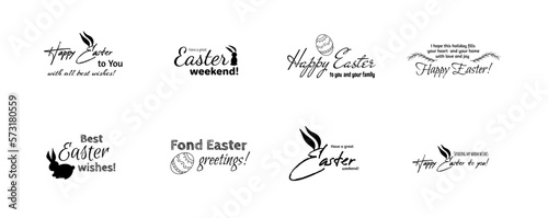 Happy Easter, label set. Egg, rabbit, bunny symbol. Lettering, calligraphy vector illustration