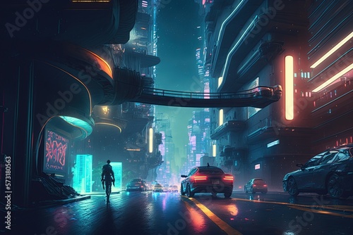 Futuristic city at night. Cityscape with building, tower and skyscraper. Generative AI