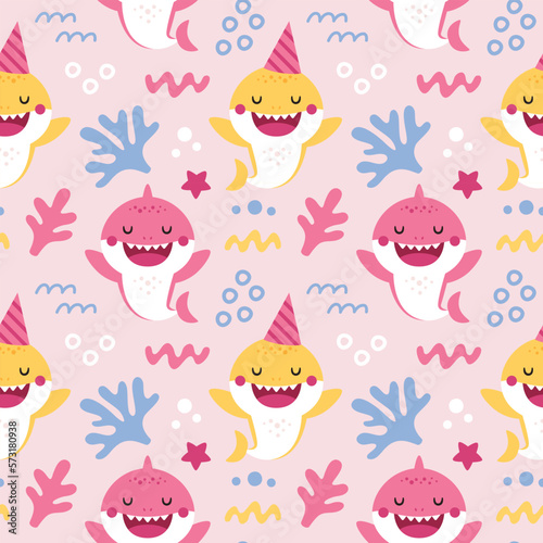 Seamless vector cartoon pattern with baby shark for Birthday