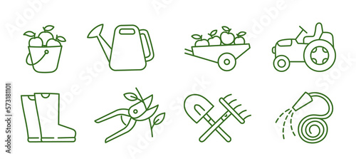 Garden tools icons. Gardening plants. Agriculture and gardener. Vector line. Editable outline stroke.