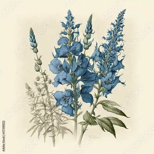 Une illustration botanique d'un delphinium.