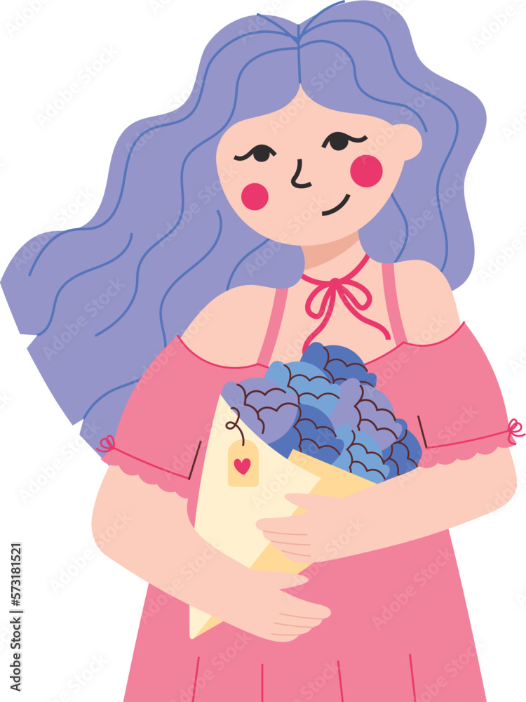 Pretty girl holding a bouquet of spring flowers. Flat style vector design. Design for postcards Pretty girl holding a bouquet of spring flowers. Flat style vector design. Design for postcards