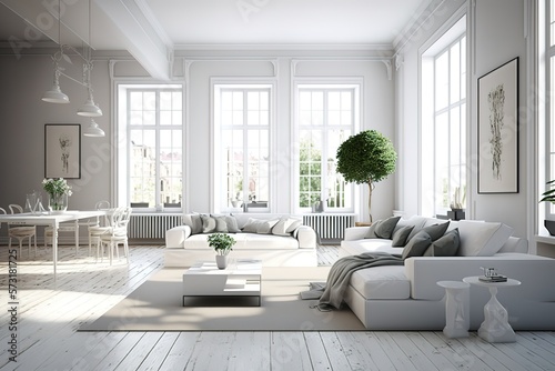 Spacious bright room with white couches Octane Render  hyperrealism  photorealism  photorealistic