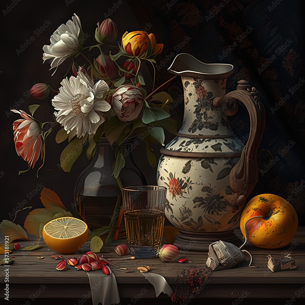 Still life with a glass of yellow liquid. Fresh fruit deluxe decanter ...