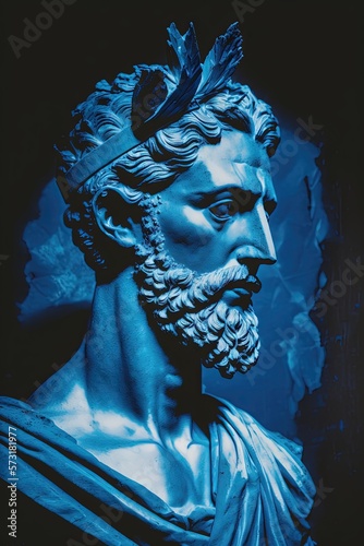 Portrait d'une personne stoïcienne, sculpture/statue grecque en marbre de style cyanotype.