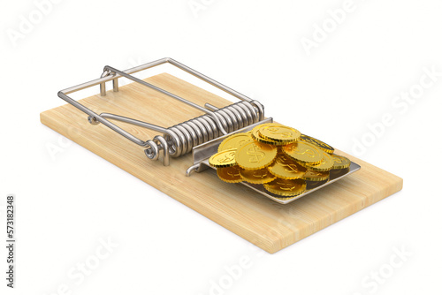 mousetrap and money on white background. Isolated 3d illustration photo
