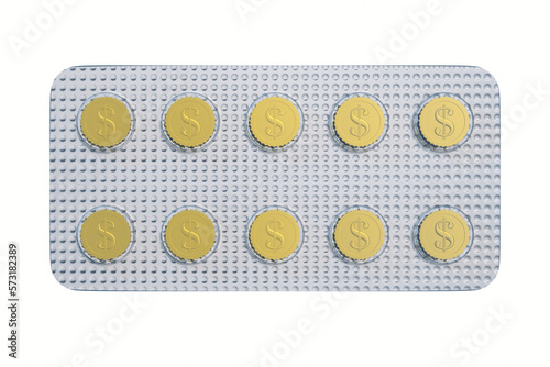 money in blister pack on white background. Isolated 3D illustration