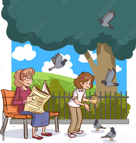 children feeding pigeons  cartoon vector