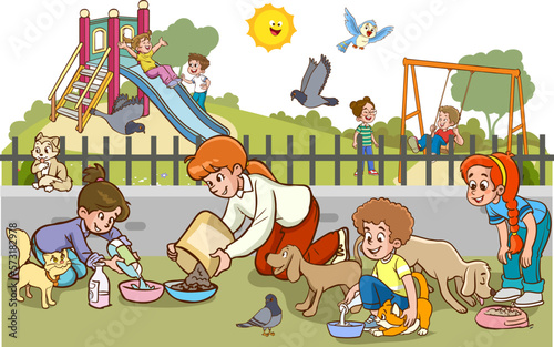 children feeding stray animals cartoon vector