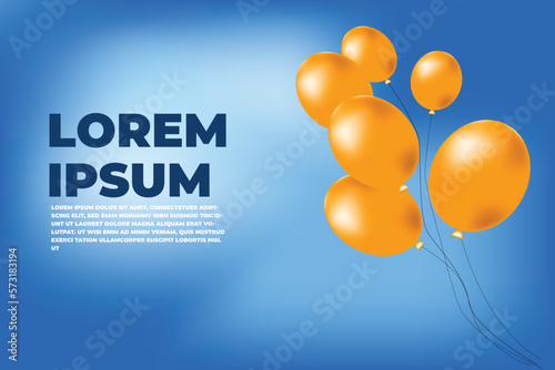 Vector happy birthday horizontal illustration on blue background with 3d realistic golden and black air balloon with text and glitter confetti. Holiday design for