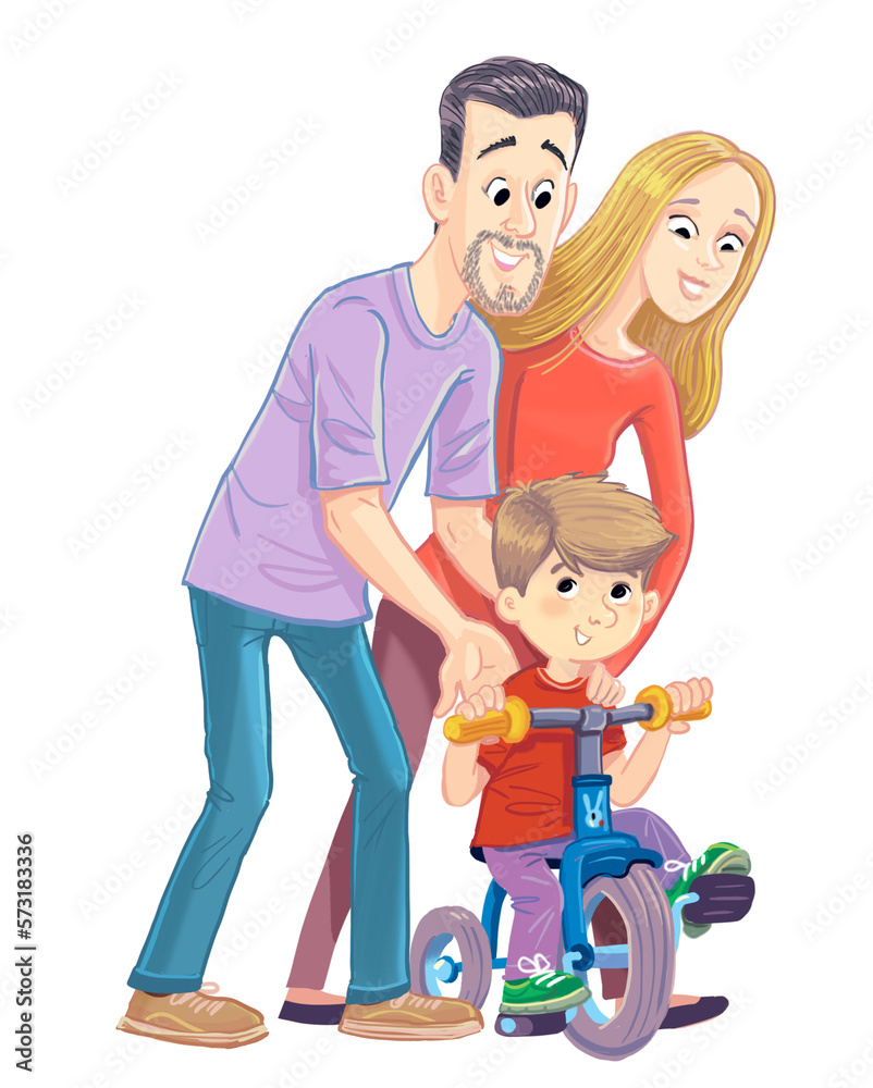 Father and mother with a boy learning to ride a tricycle Father and mother with a boy learning to ride a tricycle