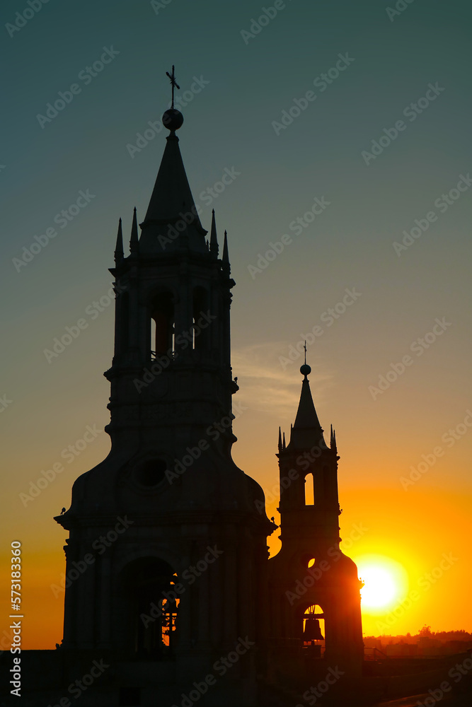 Silhouette of the Bell Tower of Basilica Cathedral of Arequipa with Stunning Bright Sunset, Arequipa, Peru, South America