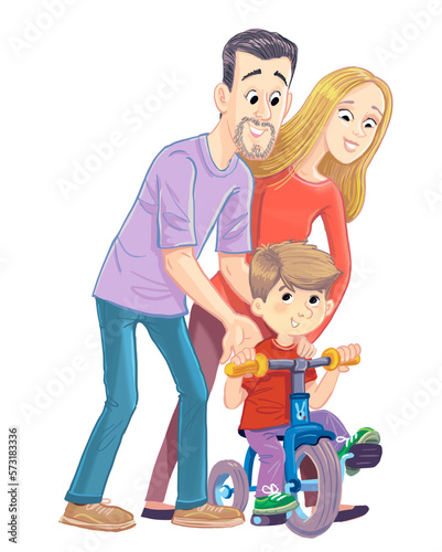 Father and mother with a boy learning to ride a tricycle