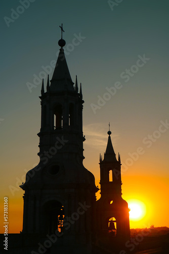 Silhouette of the Bell Tower of Basilica Cathedral of Arequipa with Stunning Bright Sunset  Arequipa  Peru  South America