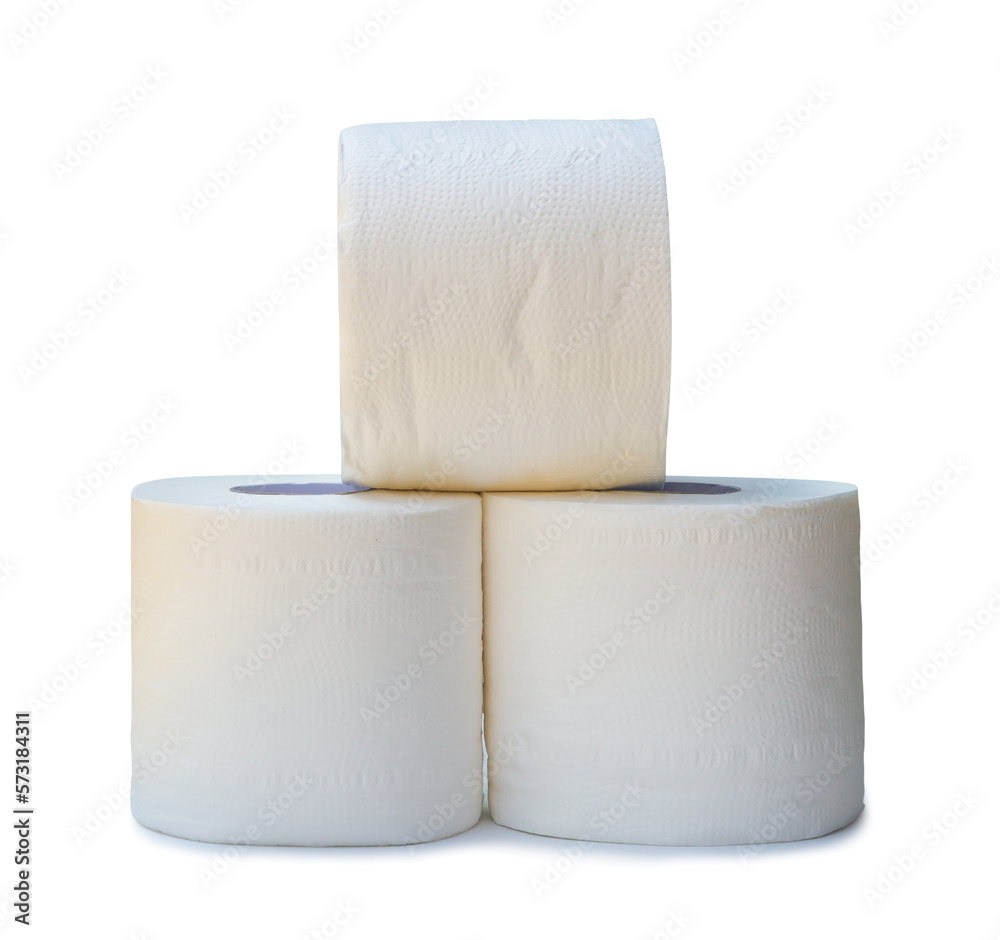 three rolls of white tissue paper or napkin in stack prepared for use in toilet or restroom isolated with clipping path and shadow in png file format three rolls of white tissue paper or napkin in stack prepared for use in toilet or restroom isolated with clipping path and shadow in png file format