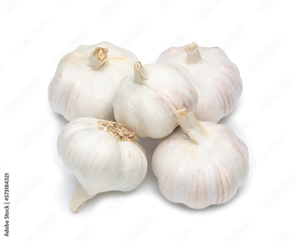 Top view of four fresh white garlic bulbs in stack isolated with clipping path and shadow in png file format, Thai herb is great for healing several severe diseases, heart attack Top view of four fresh white garlic bulbs in stack isolated with clipping path and shadow in png file format, Thai herb is great for healing several severe diseases, heart attack