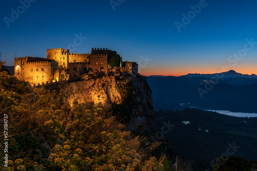 Panoramic view of Caccamo castle at nightfall, province of Palermo IT photo