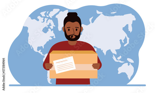 Male courier in uniform holding a box. The concept of delivering parcels around the world.