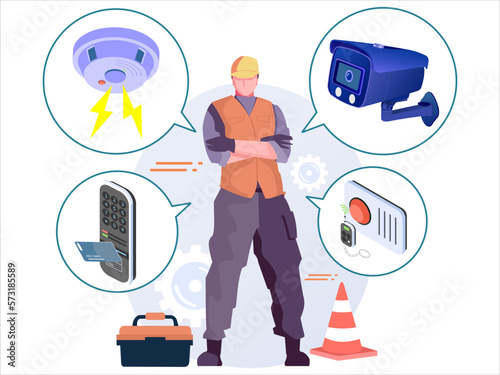 Professional technician concept for security system installation and repair. technician illustration for CCTV, fire alarm, access control, and home surveillance
