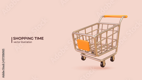 3D Shopping Online Concept. Realistic 3d design of Shopping Trolley in cartoon minimal style. Vector illustration