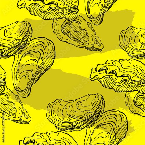 Oysters seamless pattern. Hand drawn sketch vector seafood illustration. Engraved retro style mollusks. Modern food background