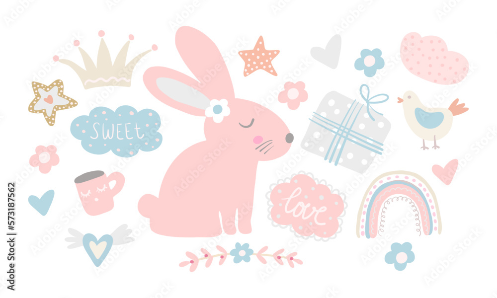 Cute Easter bunny with pastel clouds and rainbow around. Pink rabbit and spring elements for baby girl illustration