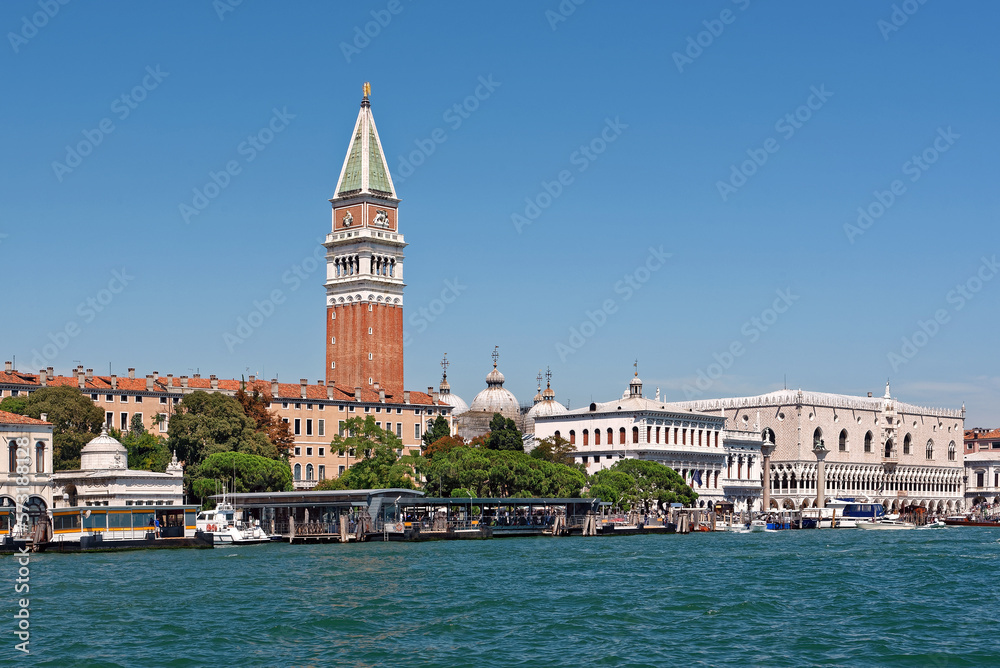 Grand Canal with St Marks Campanile bell tower and St Marks Basilica in the Piazza San Marco in Venice, Italy