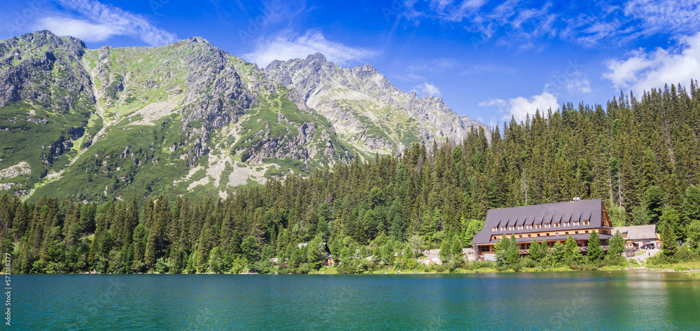 Panorama of the blue green lake Popradske Pleso in the Tatra mountains, Slovakia