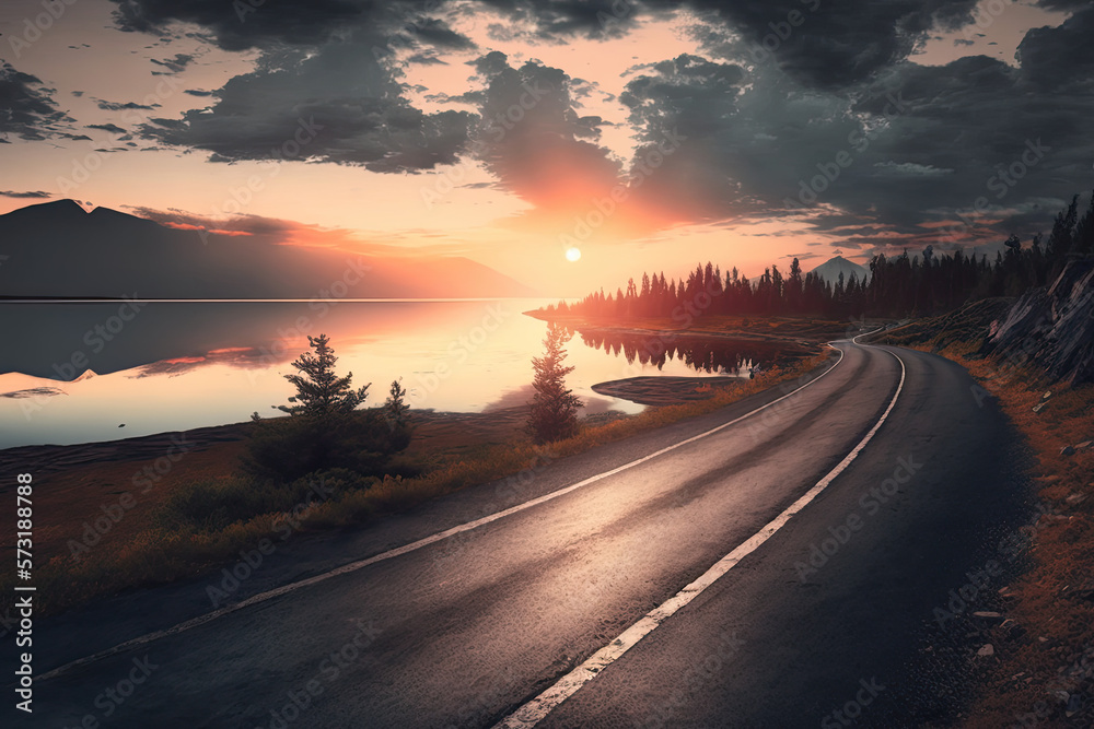  Lake and road at sunset