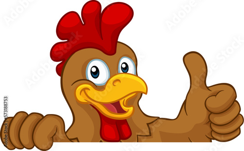 Foto A chicken rooster cockerel bird cartoon character peeking over a sign and giving
