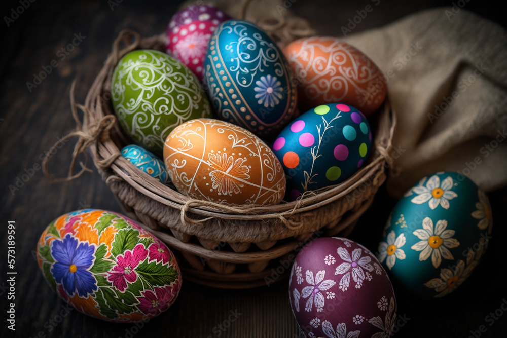 easter eggs in a basket, Generative AI easter eggs in a basket, Generative AI