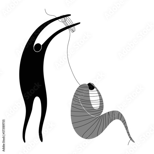 Vector abstract illustration of two silhouettes, one manipulates the other. Abusive destructive relationship, emotional addiction. black and white 