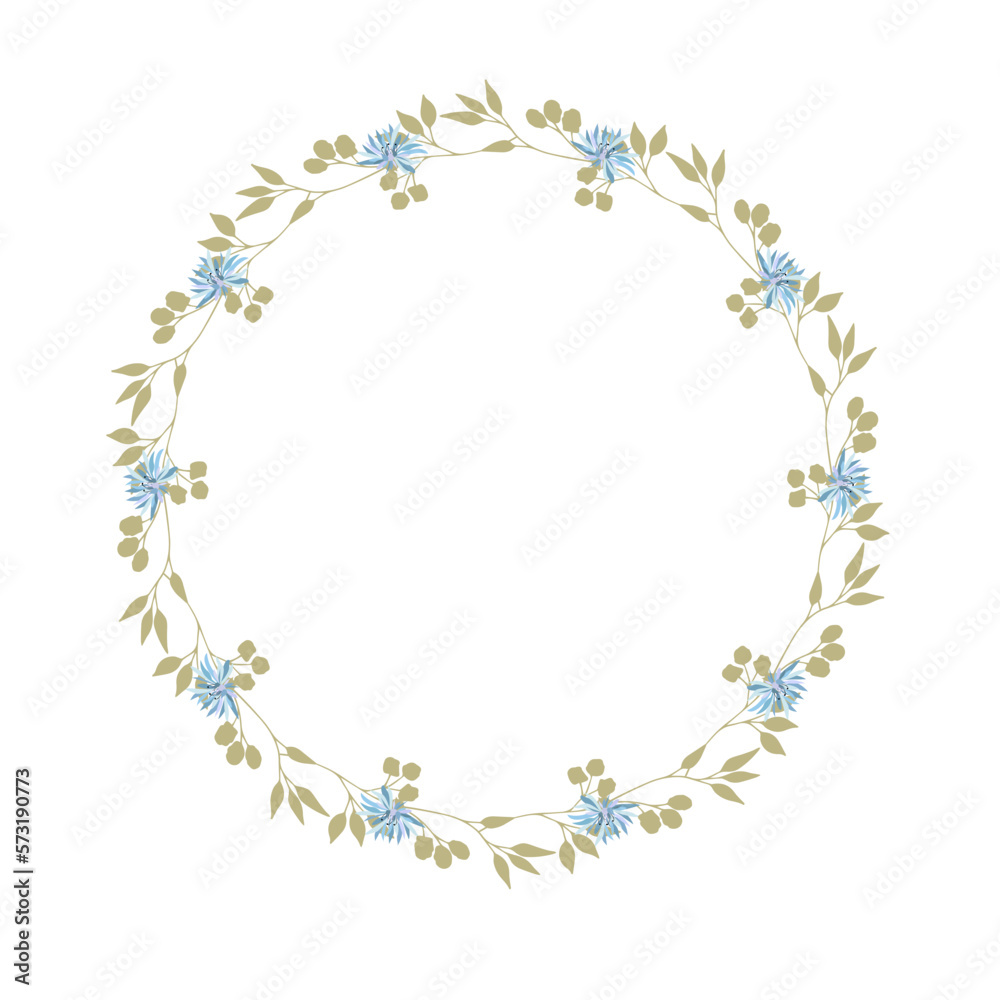 Floral frame and wreath with wildflowers. A wreath of cornflowers.Rustic style. Romantic decor for weddings and invitations. Pastel shades.