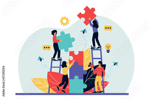Business teamwork, tiny people building huge puzzles. Partnership and cooperation, people work in team together, office challenge, achieving goal. Men and women vector illustration tidy concept
