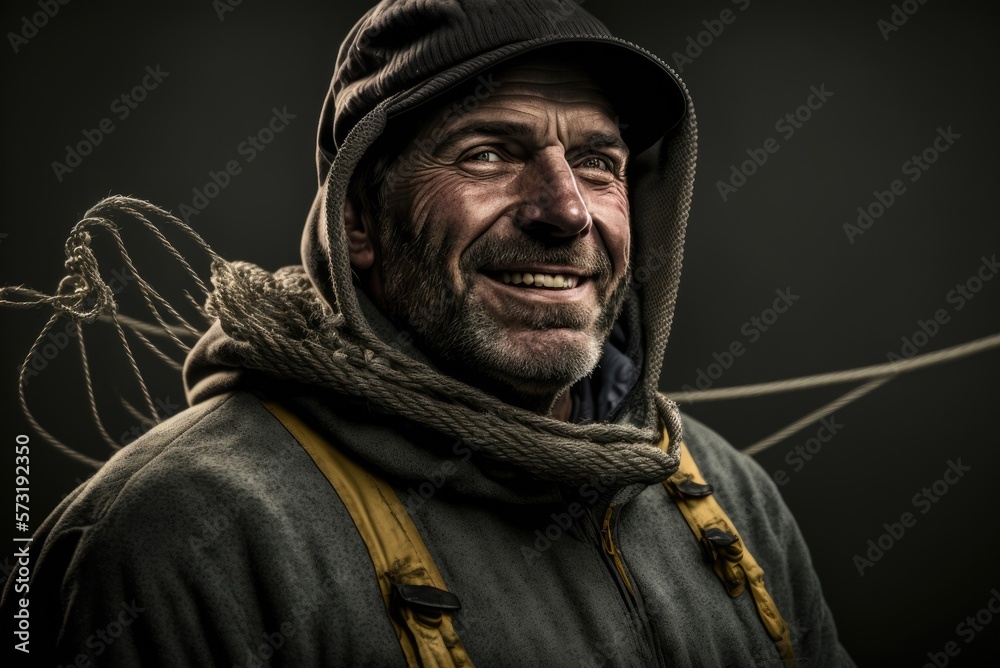 Artistic portrait of a humble smiling bearded fisherman from Iceland. Person created by AI generative. Artistic portrait of a humble smiling bearded fisherman from Iceland. Person created by AI generative.