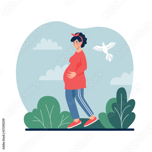 Pregnant active woman. Sport exercise. Female walking with babies. Lifestyle activities. Beautiful mother expecting child. Pregnancy and maternity. Vector tidy cartoon illustration